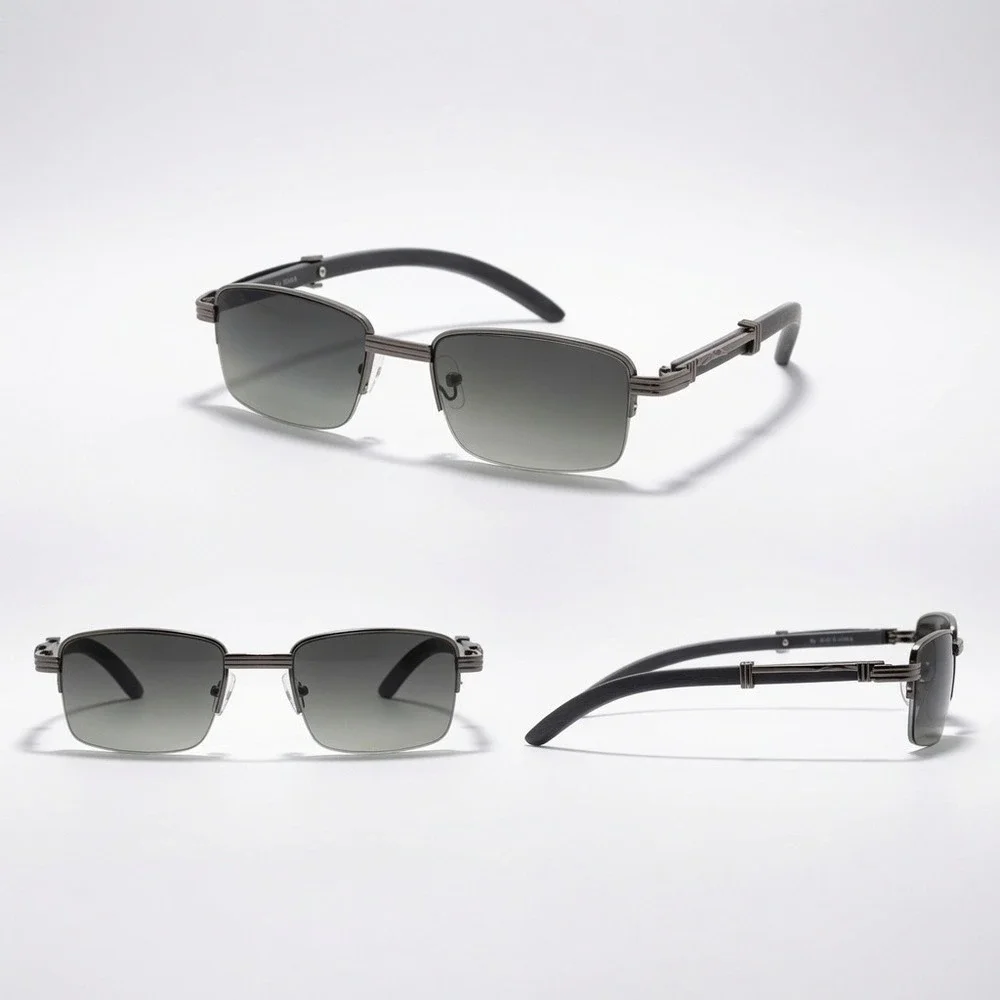 Mens Gunmetal Rectangular Semi Rimless Sunglasses Grey Gradient Lens Hip Hop New